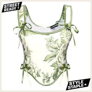 Floral Lace Up Corset Bustier Top Renaissance Size 14 Polyester